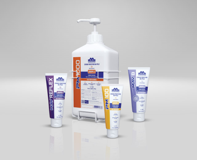 Linha de cremes protetores de pele MAVARO para uso profissional, com embalagens em bisnaga e frasco pump, incluindo versões do creme protetor grupo 3 e creme repelente, sobre fundo cinza.
