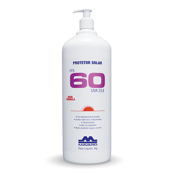 Embalagem industrial – Bombona com dosador 1kg – Protetor Solar Mavaro FPS 60 Nova Fórmula