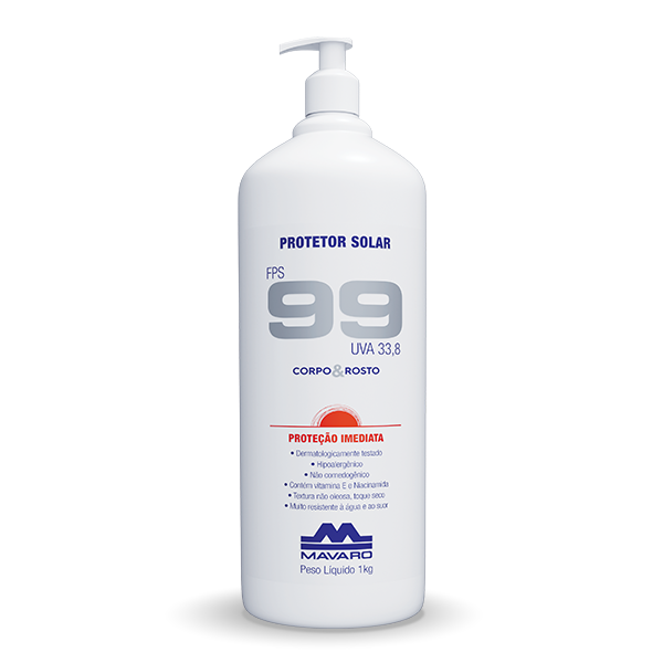 Embalagem industrial – Bombona com dosador 1kg – Protetor Solar Mavaro FPS 99 Corpo e Rosto