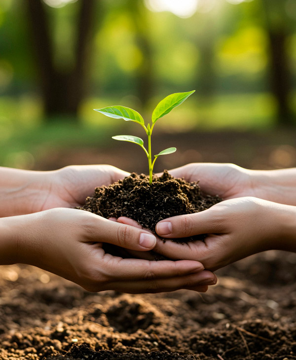 “Mãos segurando terra com muda verde em ambiente natural.