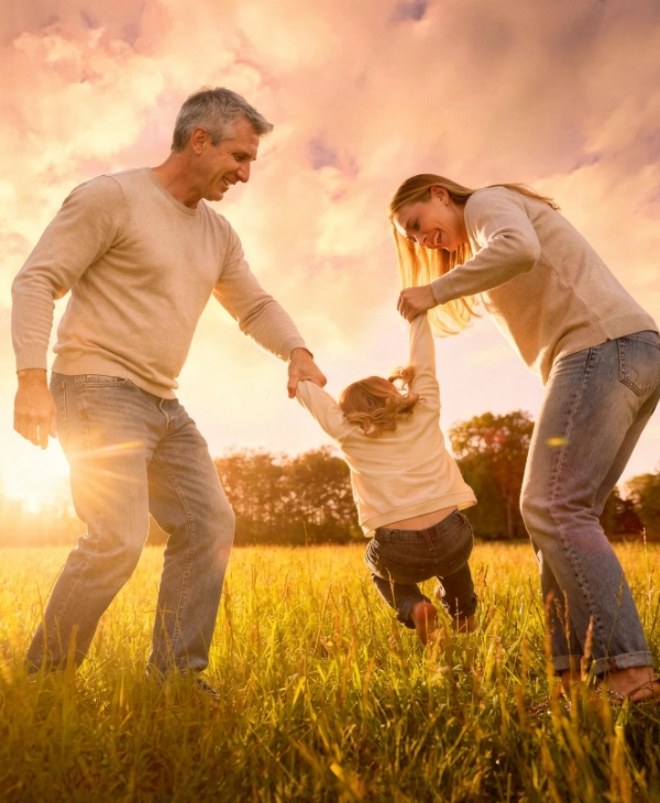 Dois adultos levantando criança pelas mãos em campo ao pôr do sol.