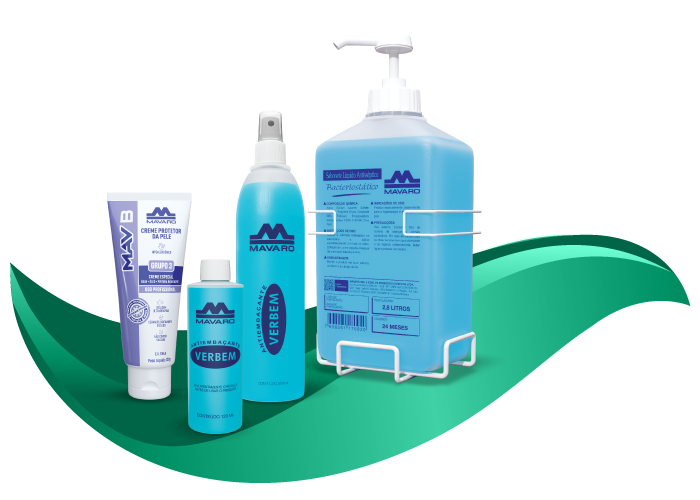 Linha MAVARO de sabonetes antissépticos, álcool em gel e produtos bacteriostáticos para higiene ocupacional profissional