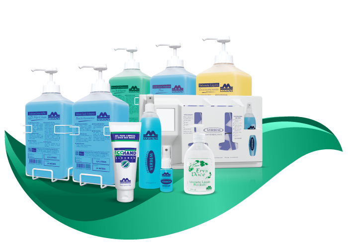 Linha MAVARO de higiene e limpeza profissional com sabonetes líquidos, álcool em gel, lenços umedecidos e soluções antissépticas para ambientes ocupacionais