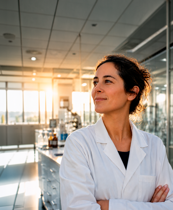 esquisadora usando jaleco branco em laboratório moderno iluminado pela luz do sol, transmitindo confiança e compromisso com a inovação científica.