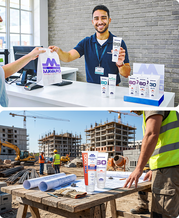 Atendente da MAVARO entrega uma sacola com produtos de proteção para a pele a um cliente em uma loja, enquanto na imagem inferior produtos MAVARO estão sobre uma bancada em um canteiro de obras, destacando soluções para proteção da pele de trabalhadores da construção civil.
