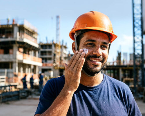 Trabalhador aplicando protetor solar no rosto antes da jornada em um canteiro de obras.