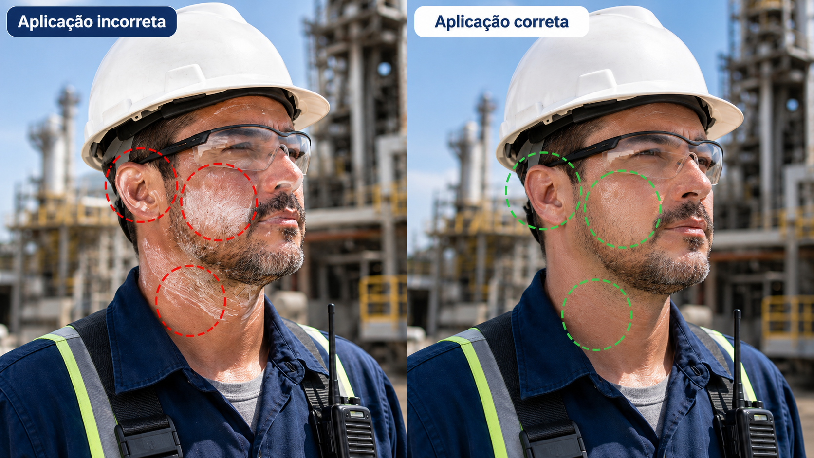 Comparação entre aplicação incorreta e correta do protetor solar no ambiente ocupacional.