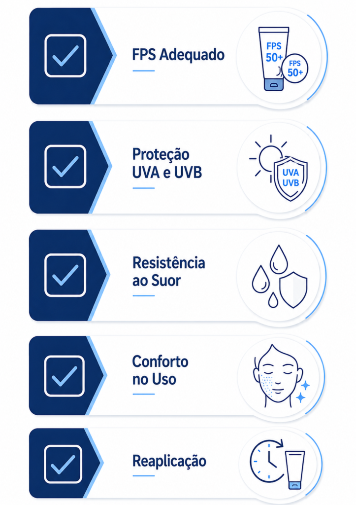 Critérios técnicos para escolher um protetor solar adequado ao ambiente de trabalho.