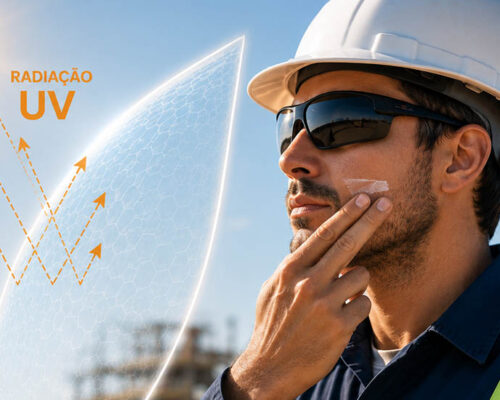 Trabalhador aplicando protetor solar em ambiente industrial externo como parte da fotoeducação para proteção da pele contra a radiação UV ocupacional.