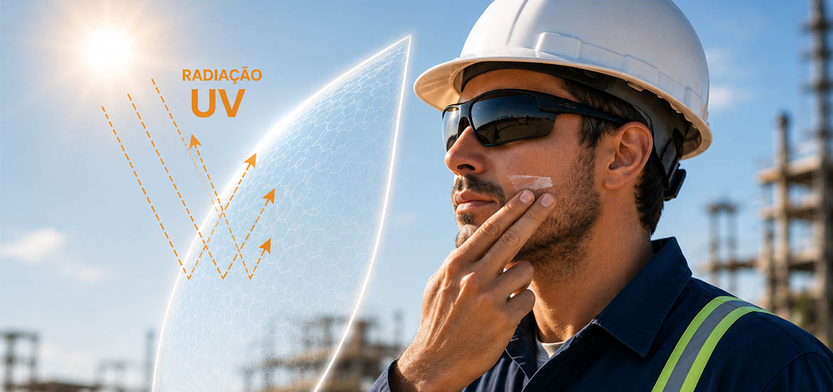 Trabalhador aplicando protetor solar em ambiente industrial externo como parte da fotoeducação para proteção da pele contra a radiação UV ocupacional.
