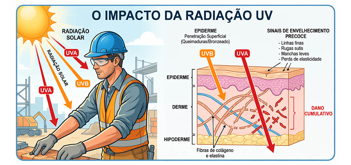 Ilustração mostrando a ação cumulativa da radiação ultravioleta sobre a pele do trabalhador.